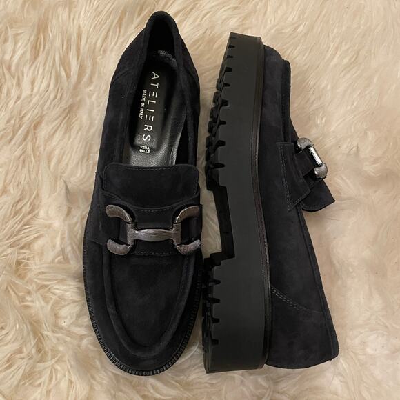 Ateliers Made In Italy Black Suede Loafers 39 | Lug Sole, Horsebit Hardware NWOT - Picture 8 of 11